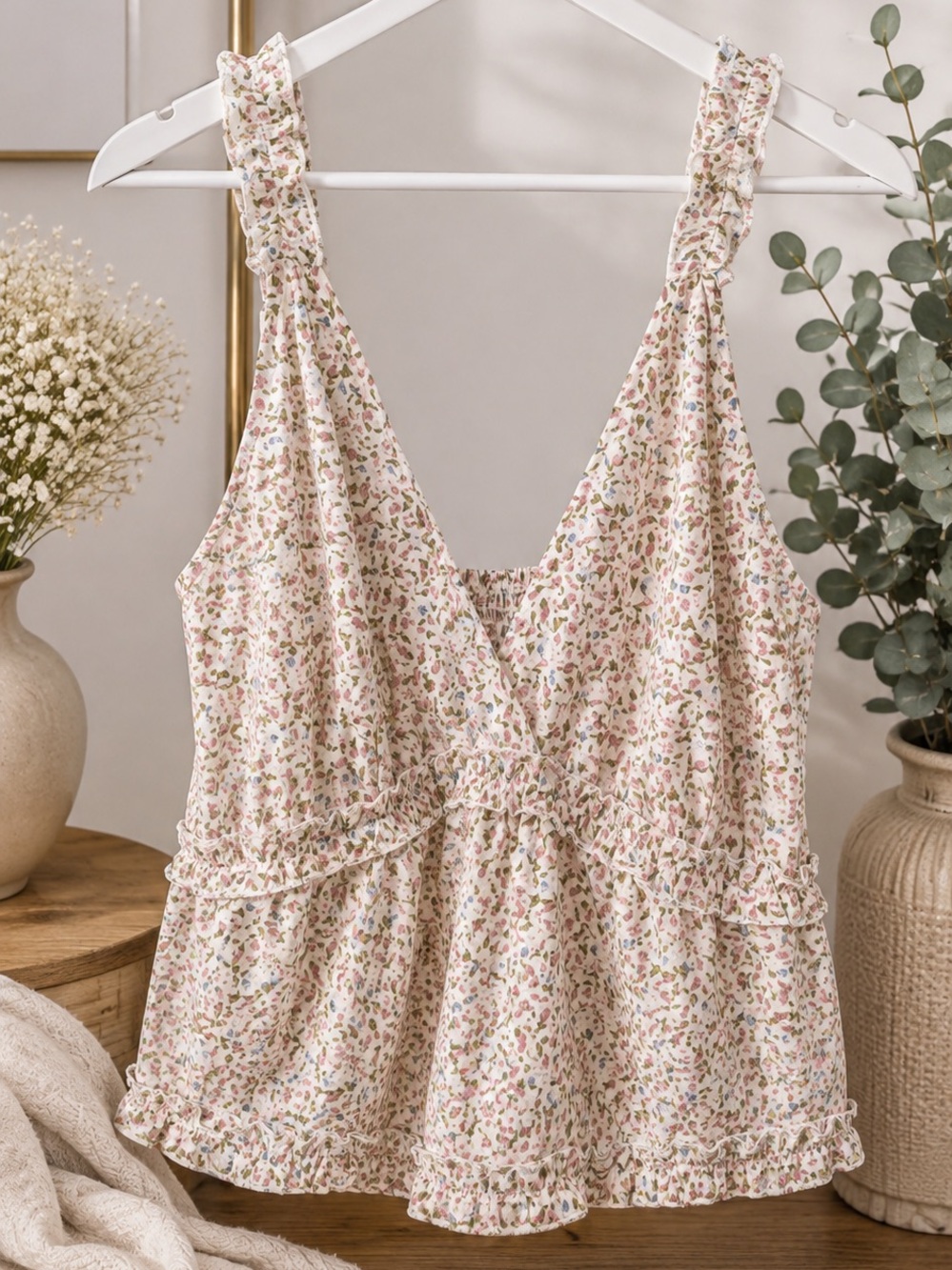 Floral Ruffle V-Neck Tank Top - Cream with Pink & Green Print